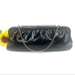 VTG 70s Black Vinyl Clutch Evening Bag Chain Strap